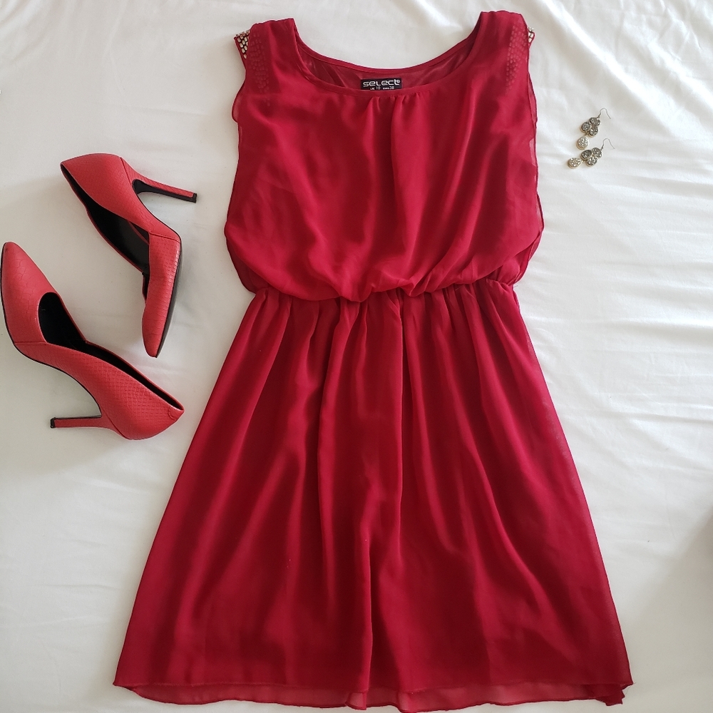 Red cocktail dress with silver accents